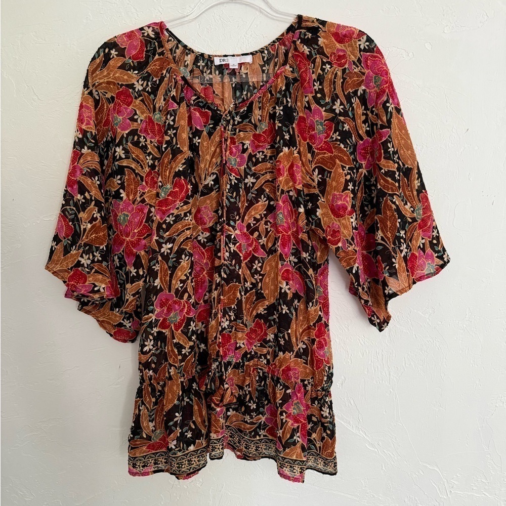 DR2 Floral Peasant Blouse Black Red Size Medium